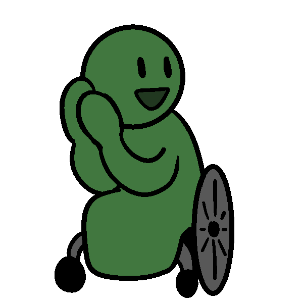 A green person in a wheelchair clasping their hands together next to their face and grinning.